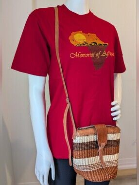 Woven Straw Crossbody Bag with Leather Trim - Brown & Tan